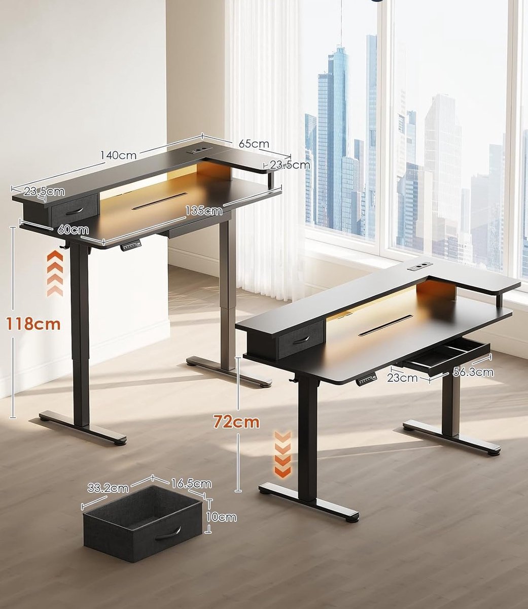 Elektrisch bureau L-shape ErgoLuxe ProLift – In hoogte verstelbaar hoekbureau 160x140 cm – Geheugenfunctie – LED-verlichting – Ergonomisch zit-sta bureau – Kantoor & gaming – Zwart