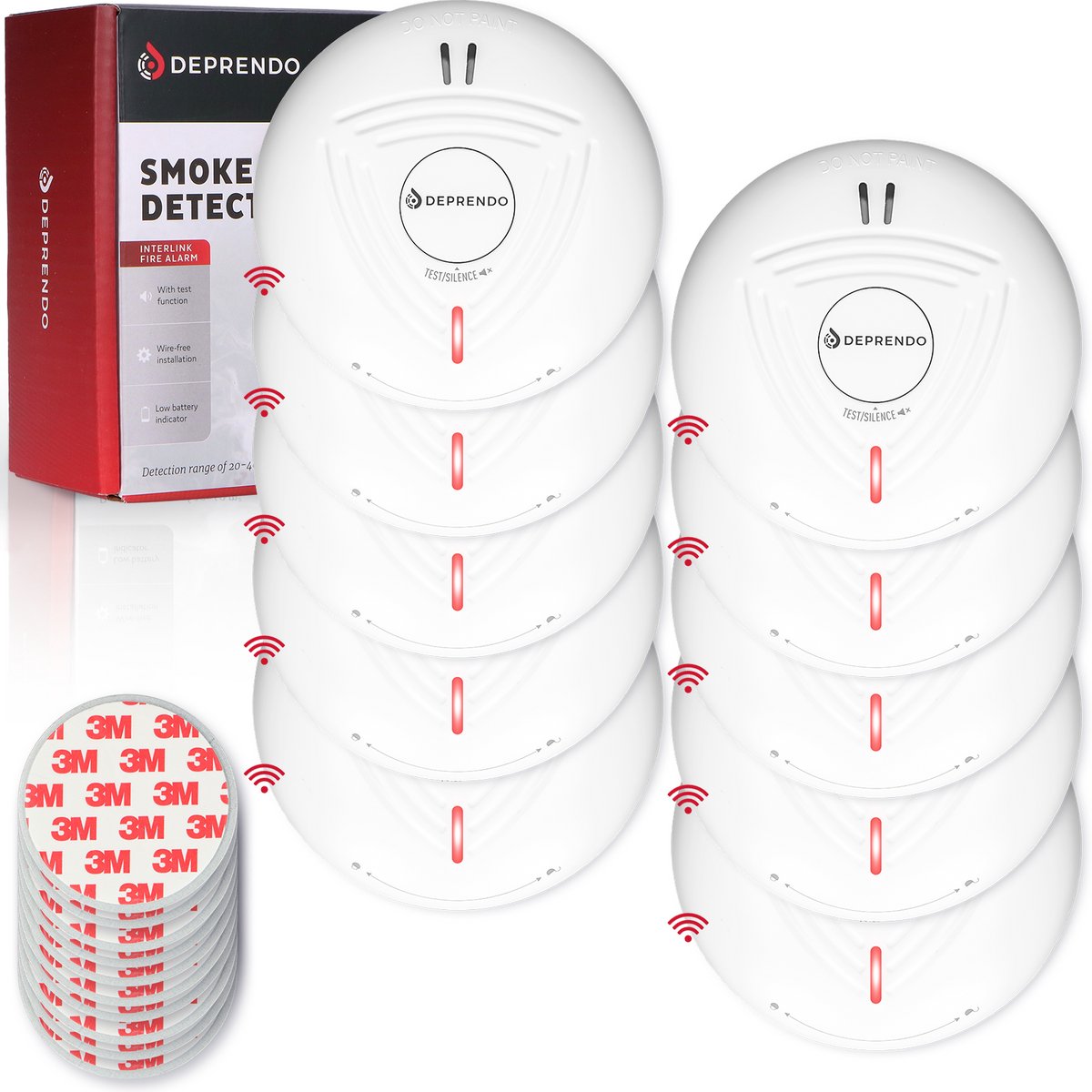 Deprendo 10x Rookmelder met 10 Jaar Batterij - Koppelbaar Brandalarm - Zonder Boren - Incl. 3M Magneet Montage - Magneetbevestiging - Voldoet aan Europese Norm EN14604