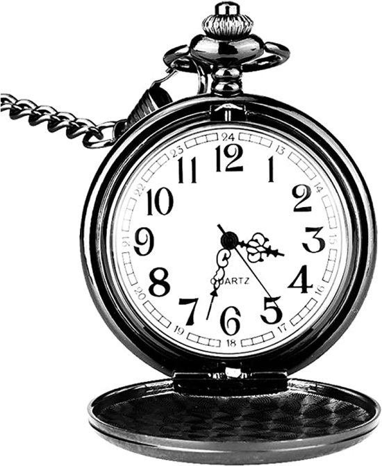 Zilverkleurig zakhorloge met witte wijzerplaat, Arabische cijfers en ketting.