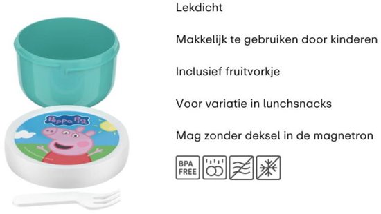 Boîte à goûter turquoise hermétique avec couvercle et motif Peppa Pig. Inclut une petite fourchette.