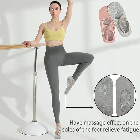 3-pack antislip yogasokken, antislip trainingssokken voor dames en meisjes, one size fits all, vloersokken, met antislip bandjes en koordjes, geschikt voor yoga en vloertraining.Zwart * 2 stuks + Grijs — afbeelding 4