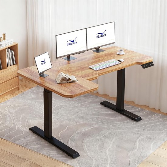 OffiGo bureau in hoogte verstelbaar met laden, 140 cm elektrisch bureau met toetsenbordlade, computerbureau met monitorstandaard, in hoogte verstelbaar bureau met stopcontacten en lichtlijst, wit