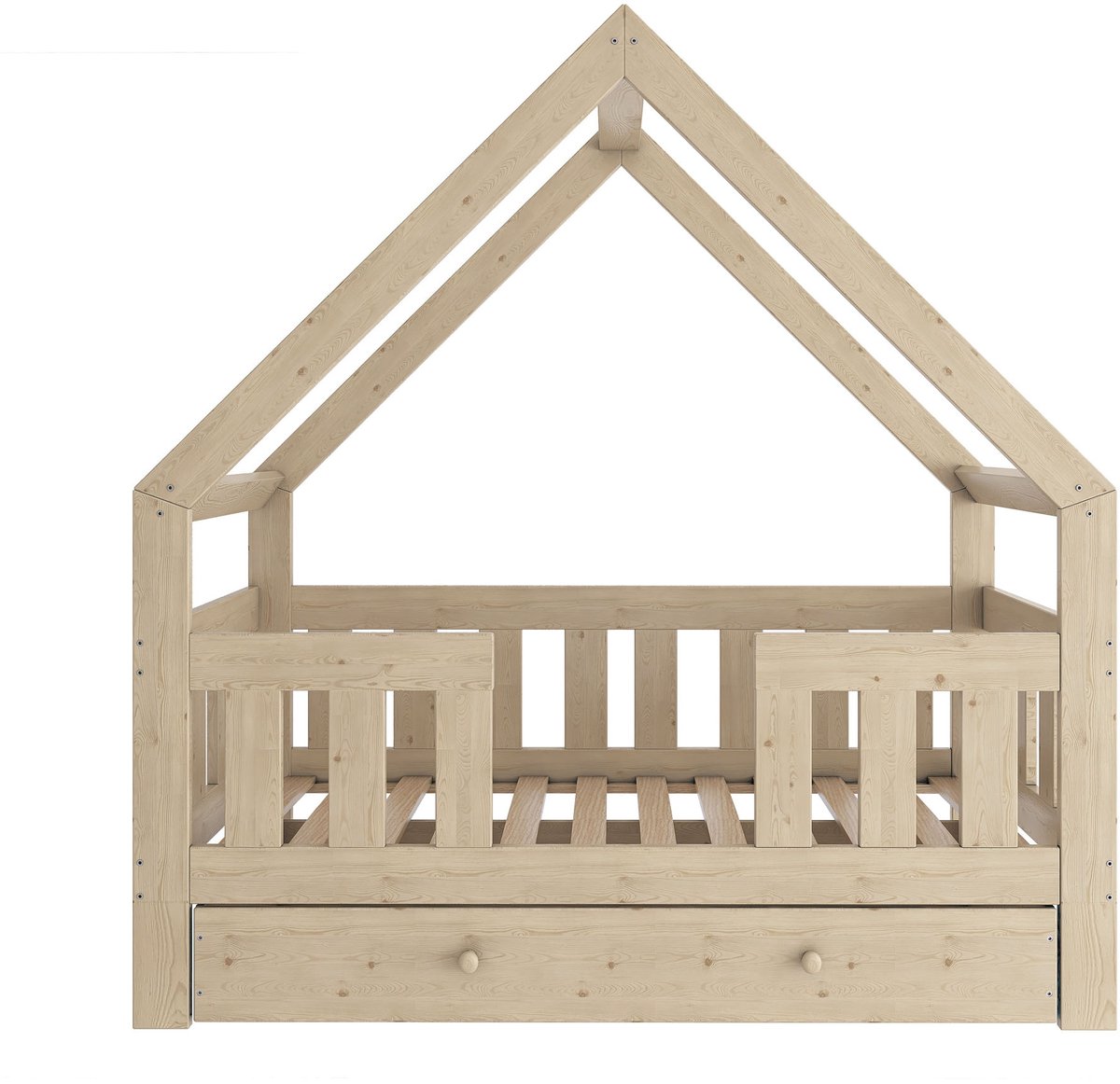 Need Sleep Huisbed met Lade 80x160 cm – Houten Kinderbed met Hoge Valbeveiliging – Bedhuisje van Massief Hout Naturel