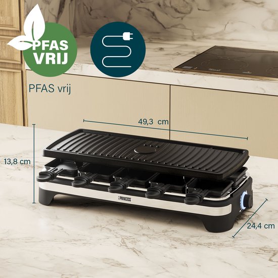 Princess Gourmetstel XL 162650 - Raclette 10 personen - Grill & Bakplaat - Groot 49x21cm - 2 meter snoer - Regelbare thermostaat - 1500W - Zwart - 10 pannetjes