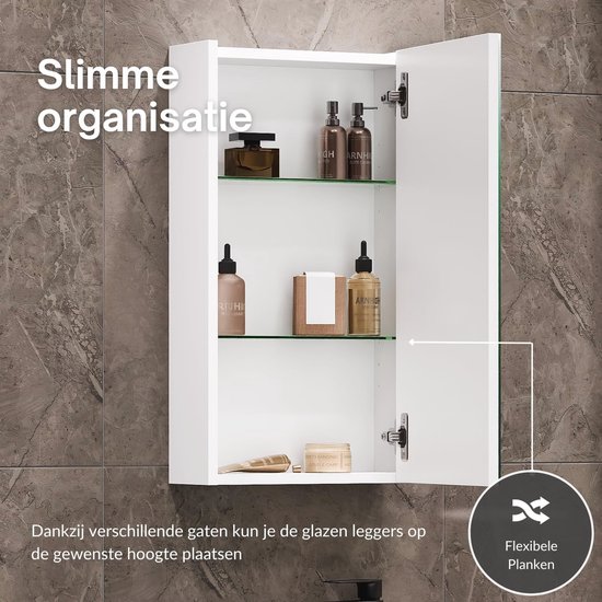 Planetmöbel Spiegelkast Badkamer 50 cm, Badkamerkast, Badkamermeubel met deur en 2 glazen legplanken, 47,6 x 67,6 x 13,8 cm, gouden eik