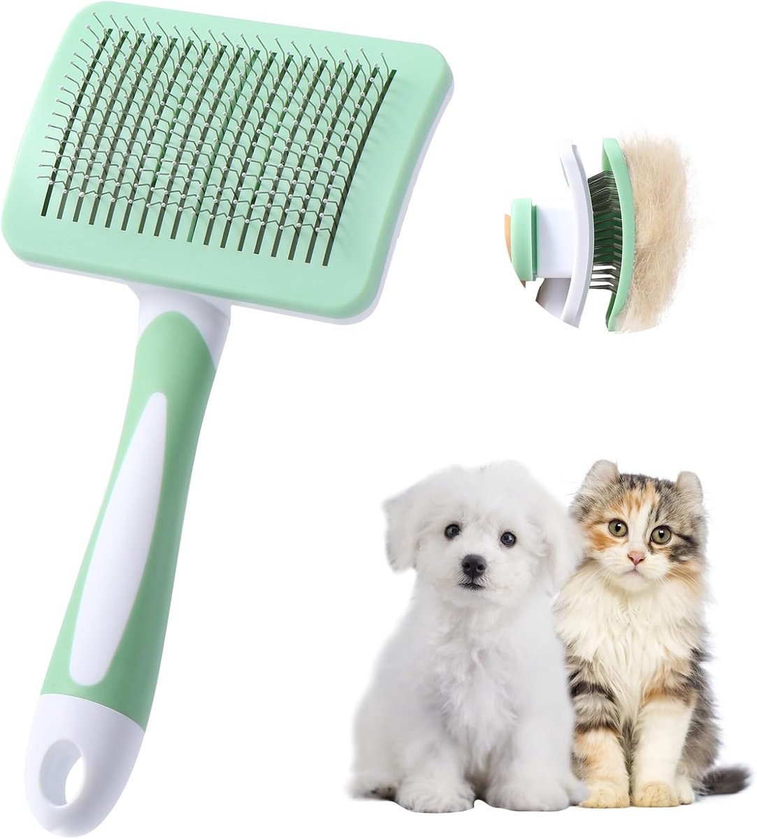 Famanu - Borstel voor honden en katten, zelfreinigend voor haren voor kleine honden, kattenborstel, huisdierborstel, voor honden en katten, verwijdert tomentose, ondervacht, tangels, groen