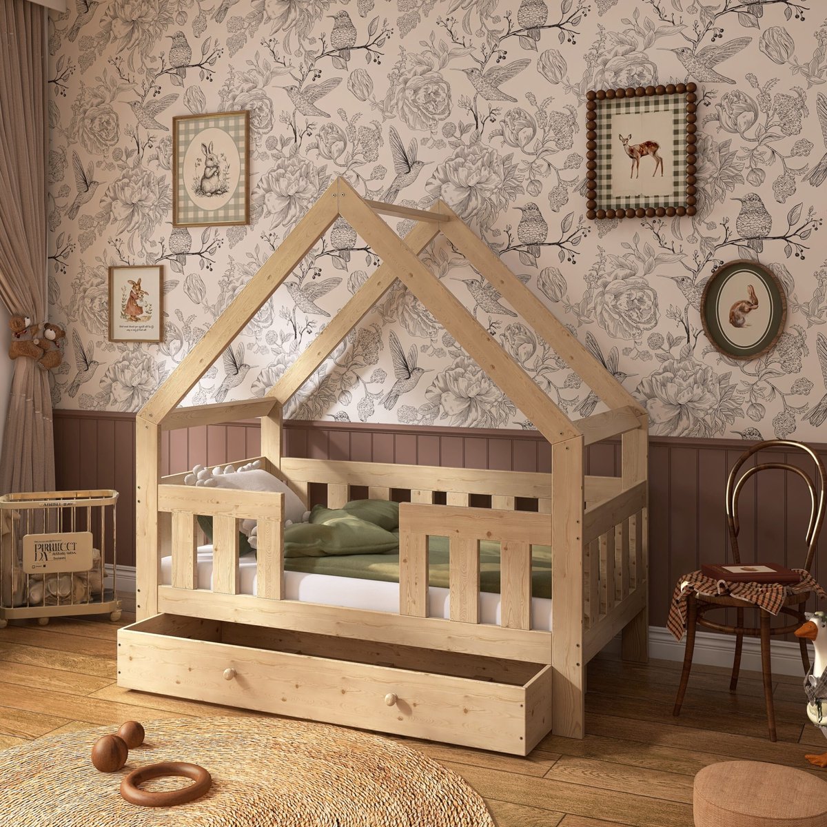 Need Sleep Huisbed met Lade 70x140 cm – Houten Kinderbed met Hoge Valbeveiliging – Bedhuisje van Massief Hout Naturel