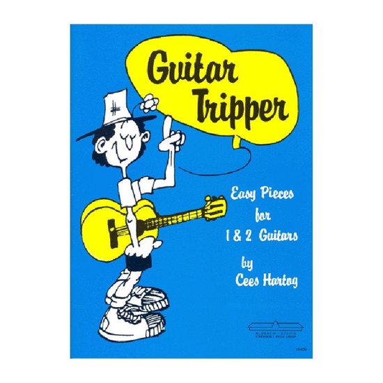 Boekomslag: getekend figuur met gitaar, "Guitar Tripper Easy Pieces for 1 & 2 Guitars by Cees Hartog".