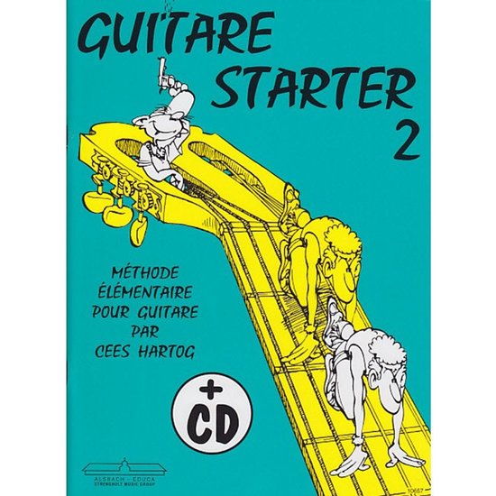 Boek met stripfiguren op een gele gitaarhals. GUITARE STARTER 2. Methode élémentaire pour guitare par Cees Hartog. Inclusief CD.