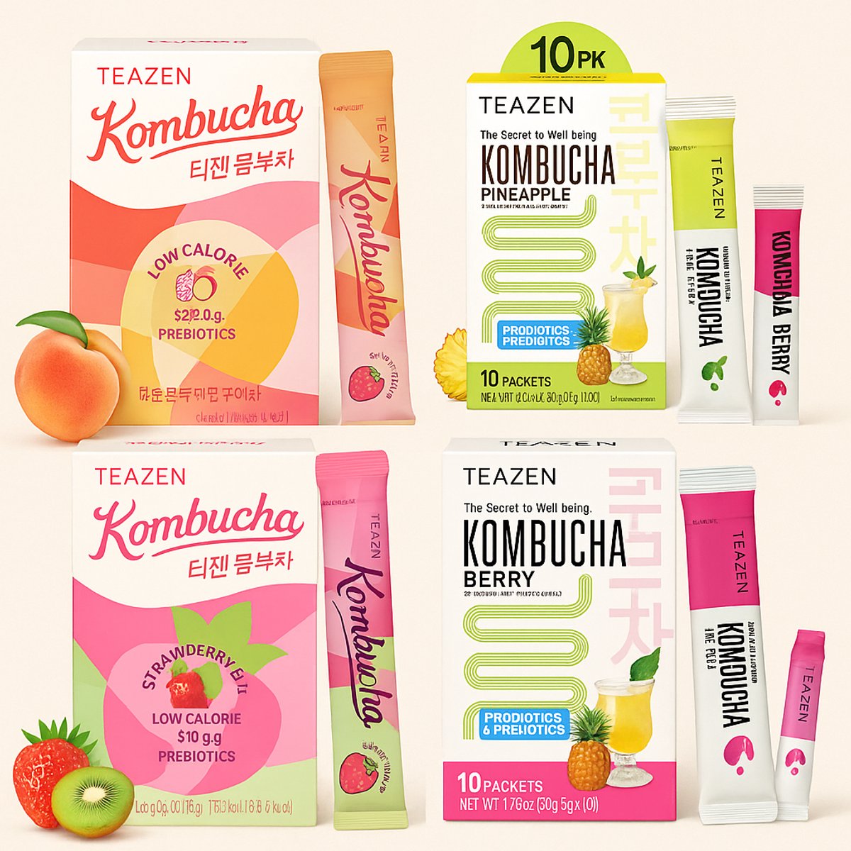 TEAZEN Kombucha Tropical Pack – Mango Guava • Pineapple • Strawberry Kiwi • Berry – 4×10 sticks – Suikervrij
