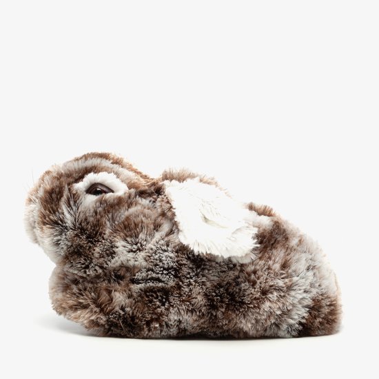 Bruine konijnenpantoffel met witte oren, bruine ogen en snorharen.