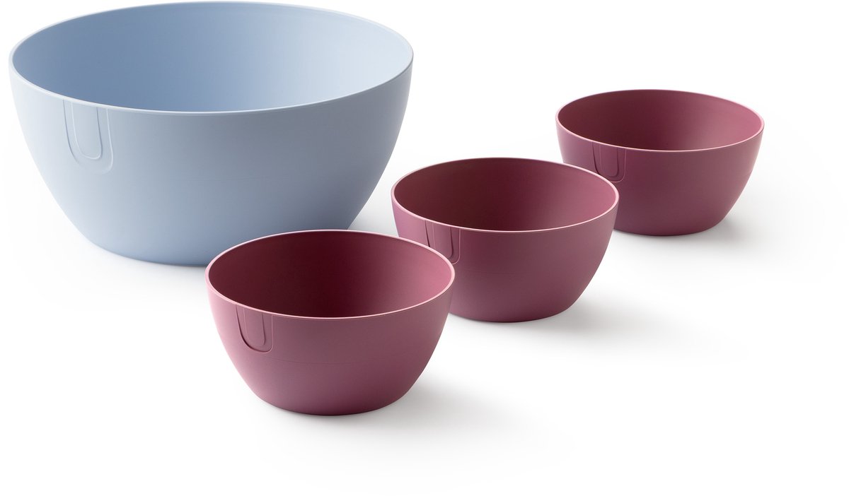 UBITE set – bio-based saladeschaal sky blauw (XL - Ø 27) + set van 3 bio-based bowls mineraal paars (S - Ø 13) - saladeschaal/saladekom/kom/schaal/bakje/duurzaam
