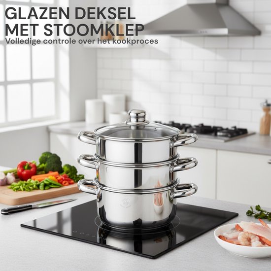 Royal Swiss® – Cuit-Vapeur 26 cm – Set Vapeur en Inox 3 Pièces – Cuiseur Vapeur avec Couvercle en Verre – Compatible Induction, Gaz & Électrique – Cuisson Saine à la Vapeur – Passe au Lave-Vaisselle