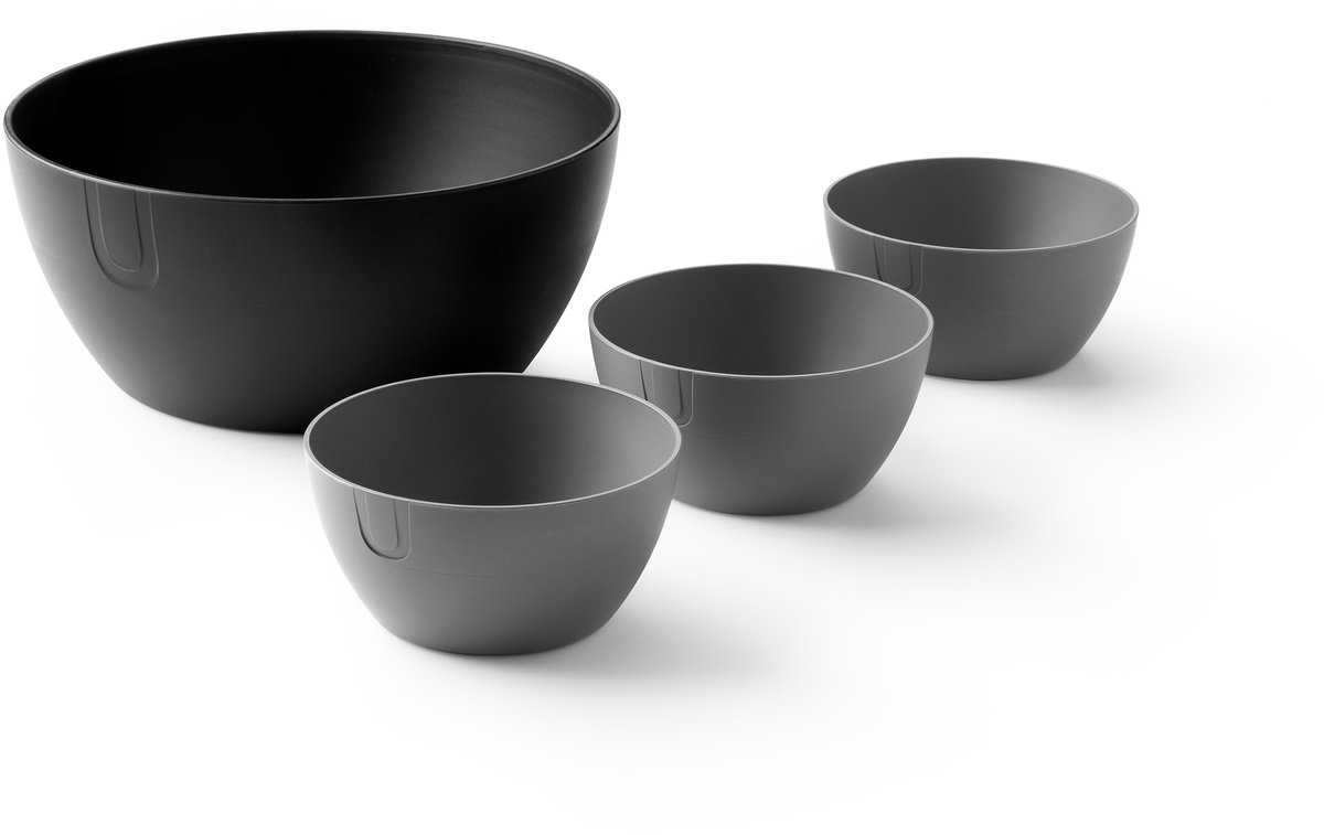 UBITE set – bio-based saladeschaal umber zwart (XL - Ø 27) + set van 3 bio-based bowls grafiet grijs (S - Ø 13) - saladeschaal/saladekom/kom/schaal/bakje/duurzaam