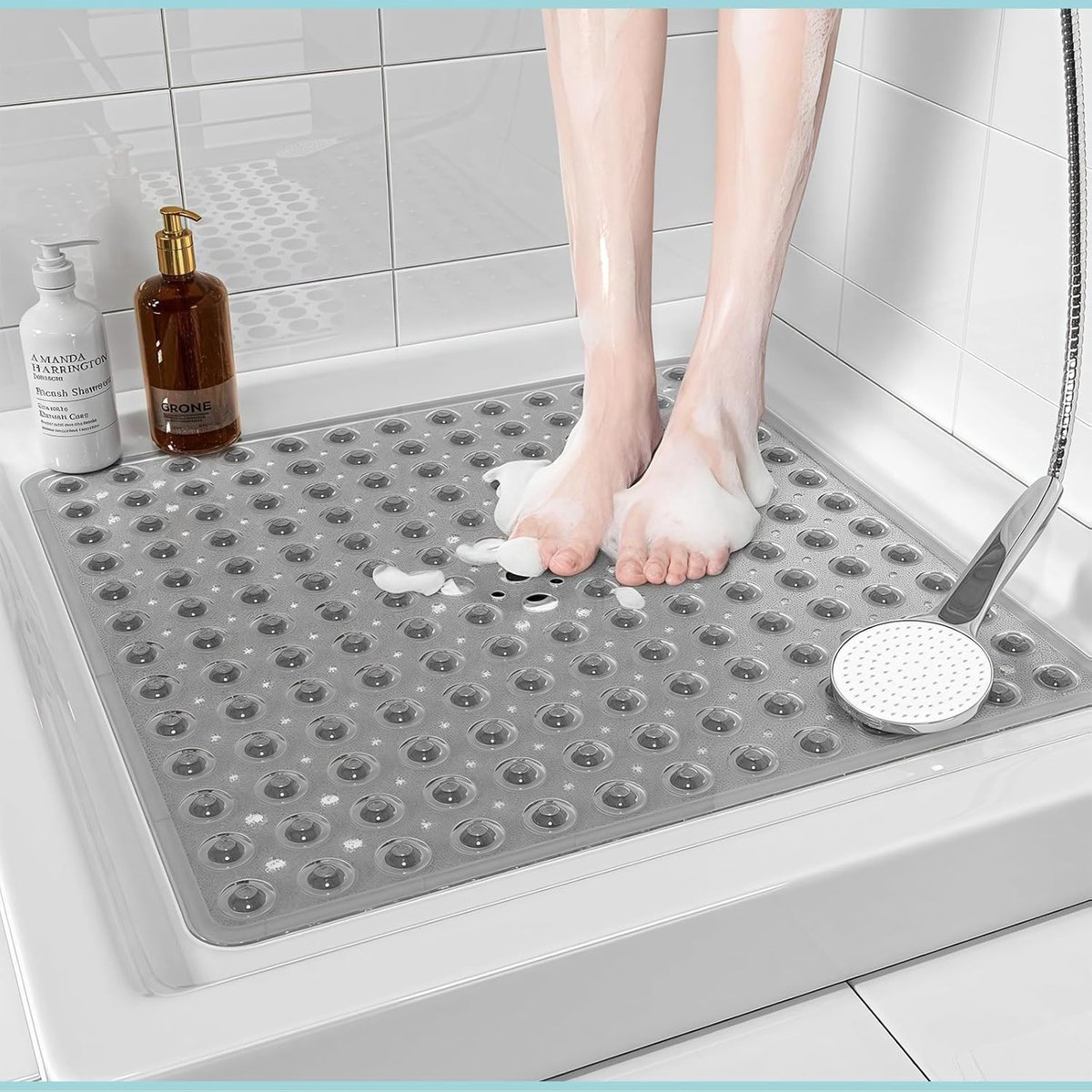 Douchemat - 53 x 53 cm (Vierkant) - Polyvinylchloride (PVC) - antischimmelbadmatten - antislip - met zuignappen & afvoergaten - machinewasbare - Kleur : Grijs