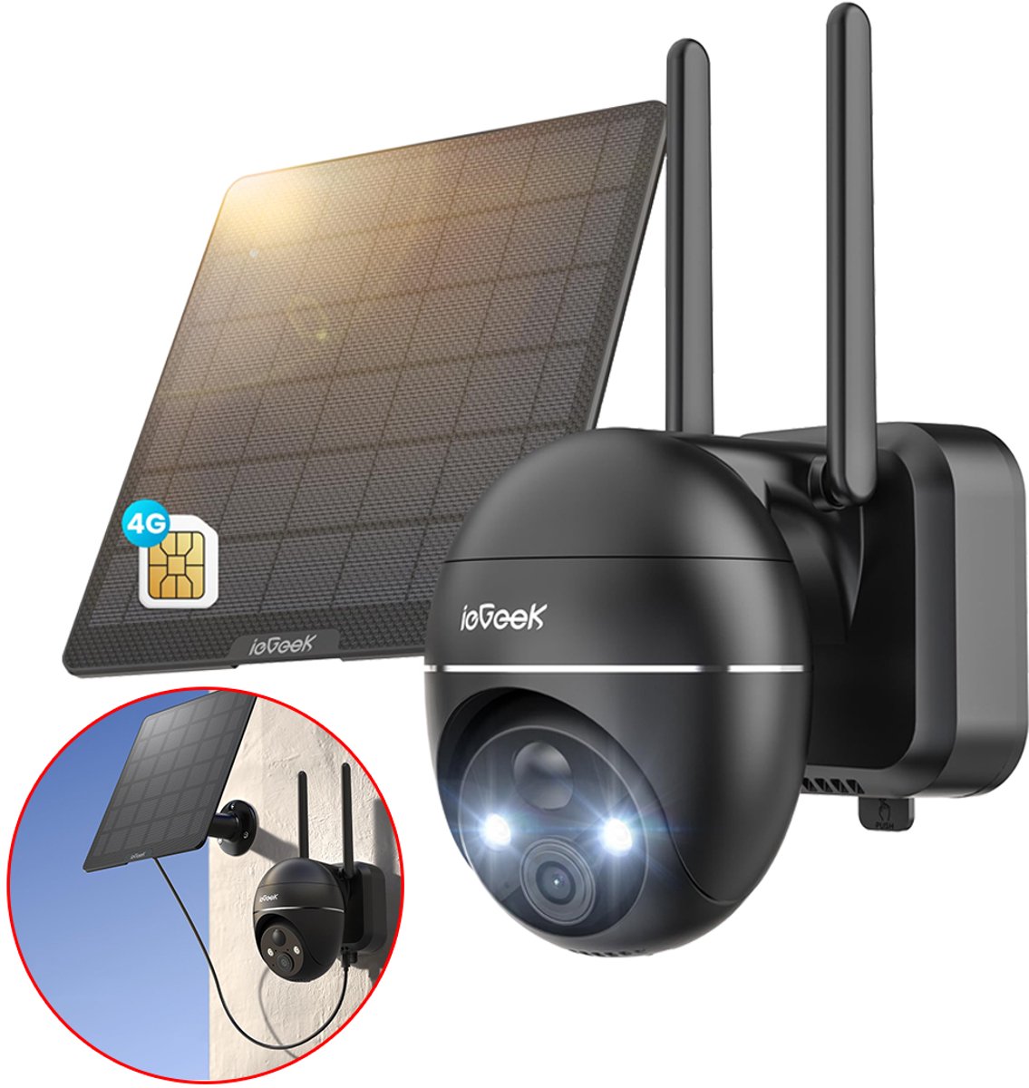 ieGeek 4G LTE Bewakingscamera Buiten met SIM-kaart – 2K Ultra HD, Nachtzicht, Bewegingsdetectie, IP67, 360° Draaibaar – Incl. Zonnepaneel – Voor Tuin, Erf & Bedrijf - Zwart