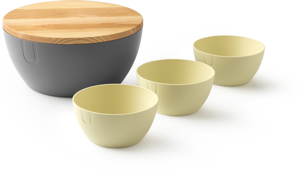 UBITE set – bio-based saladeschaal grafiet grijs (XL - Ø 27) inclusief deksel/snijplank + set van 3 bio-based bowls boter geel (S - Ø 13) - saladeschaal/saladekom/kom/schaal/bakje/duurzaam