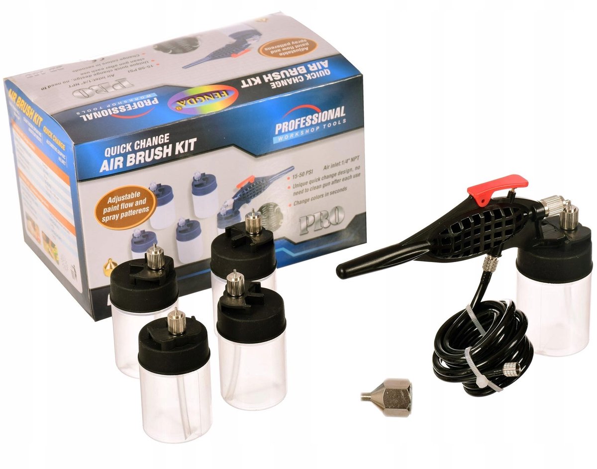 Aerograaf 0,5mm met slang en 5 reservoirs voor modelbouw