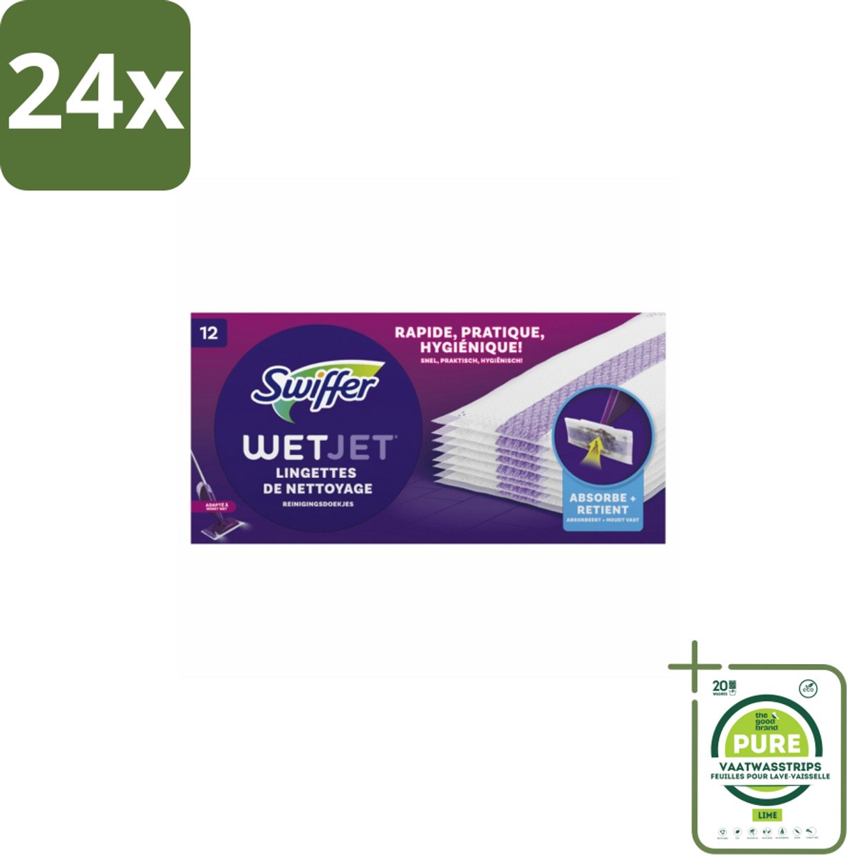 Swiffer - WetJet – Reinigingsdoekjes – Navullingen – 12 doekjes - Voordeelverpakking - 24 stuks - Absorberende navuldoekjes - Spraymop doekjes