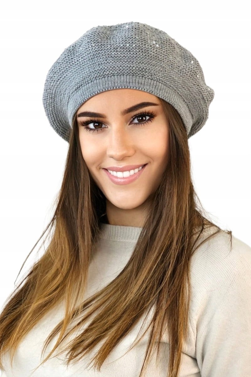 Dames Beret Piwonia met Pailletten - Grijs, Warm & Stijlvol