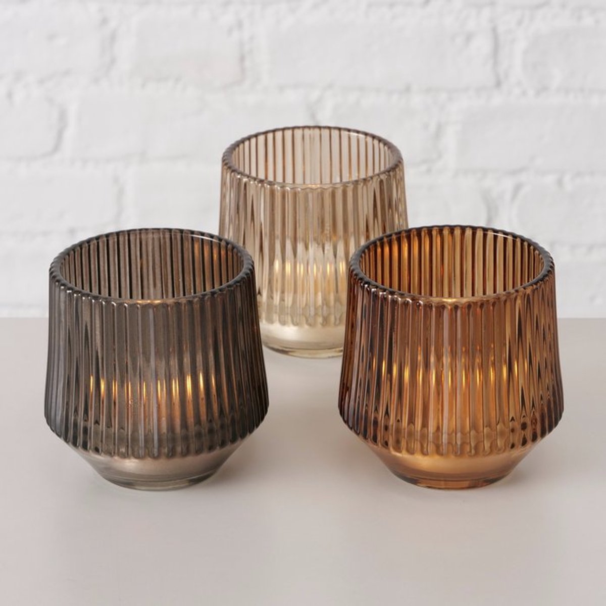 Boltze Theelichthouder - set van 3 - Boltze - Tiago - Glas - 8cm bruin