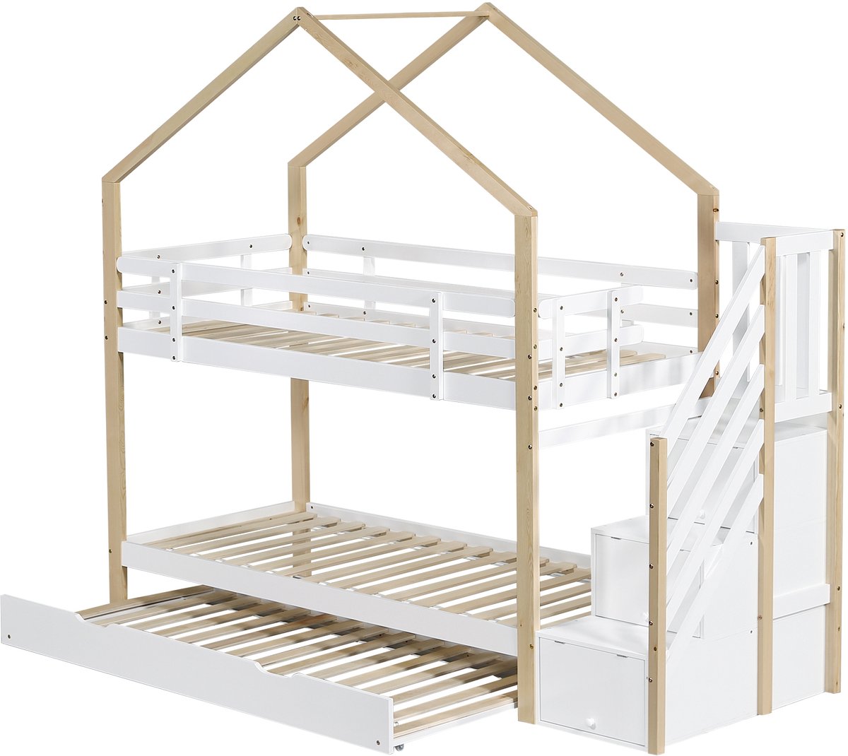 REDOM Stapelbed 90x200 cm – Boomhuisstijl – Met uittrekbed, trap met 4 lades – Wit/naturel