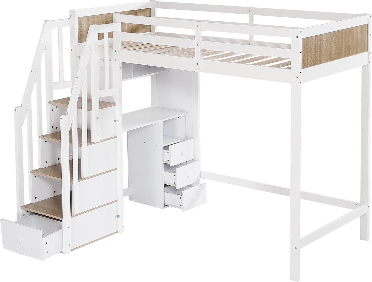 REDOM Stapelbed 90x200 cm – Wit/naturel – Met bureau, 3 lades & opbergtreden – Massief hout – EN747