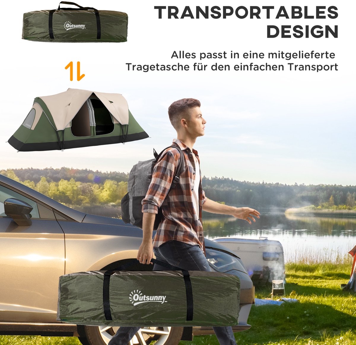 Outsunny Kampeertent Polyester, Glasvezel 450L x 215B x 180H cm Donkergroen – foto 2