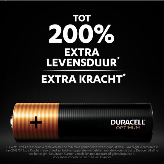 Duracell Optimum AA batterij met de tekst 'TOT 200% EXTRA LEVENSDUUR' en 'EXTRA KRACHT'.