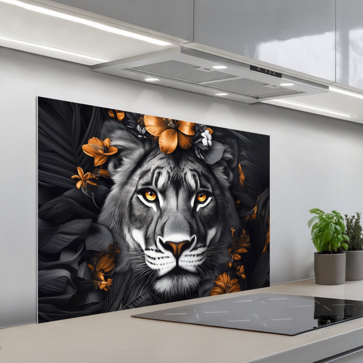 KitchenYeah Spatscherm 100x65 cm Zelfklevende achterwand Tijger Zwart wit Goud Bloemen Botanisch Keuken muurbeschermer Spatwand fornuis