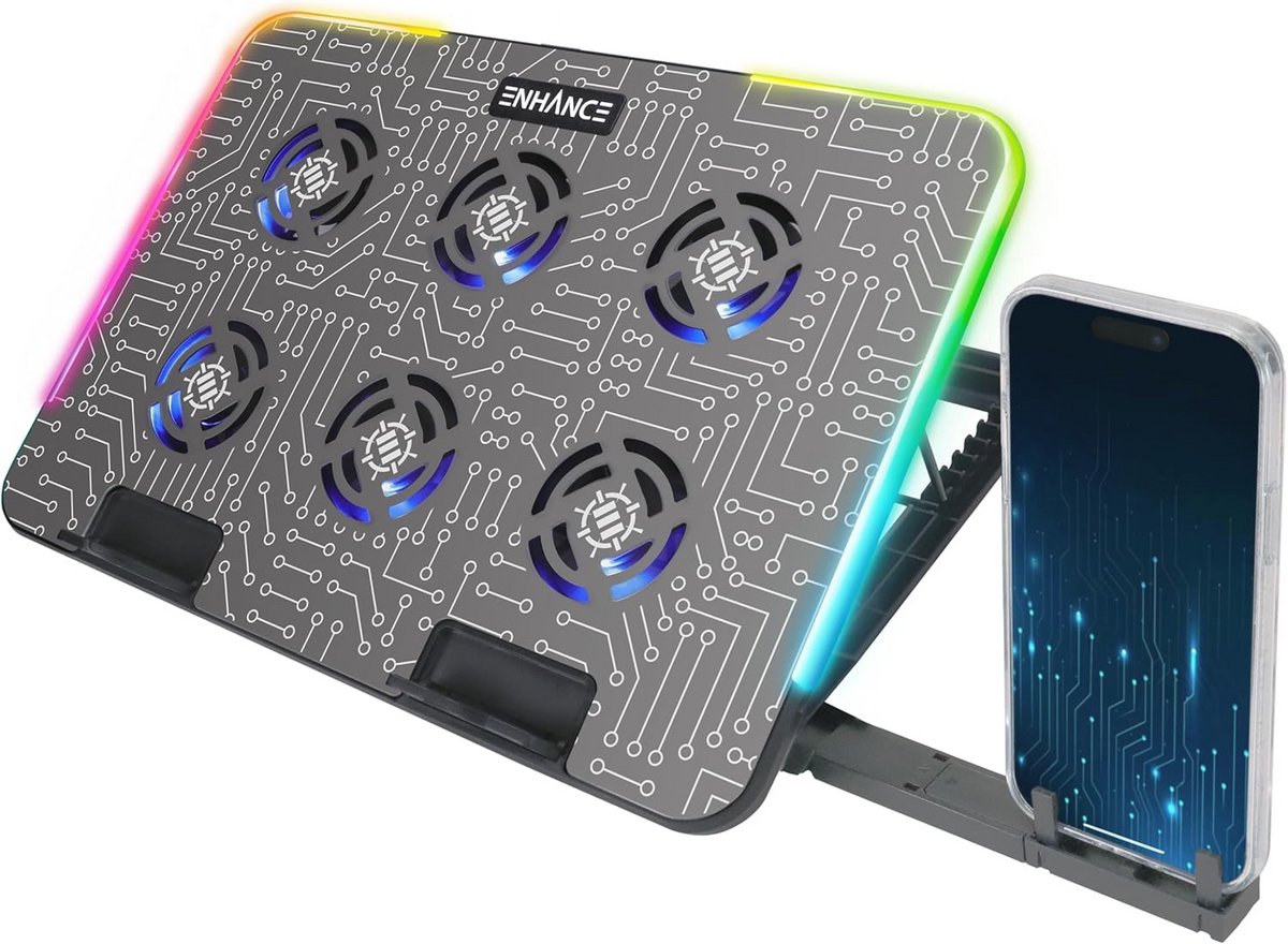 Laptopkoelstandaard met RGB-verlichting en 6 ventilatoren - 43 cm