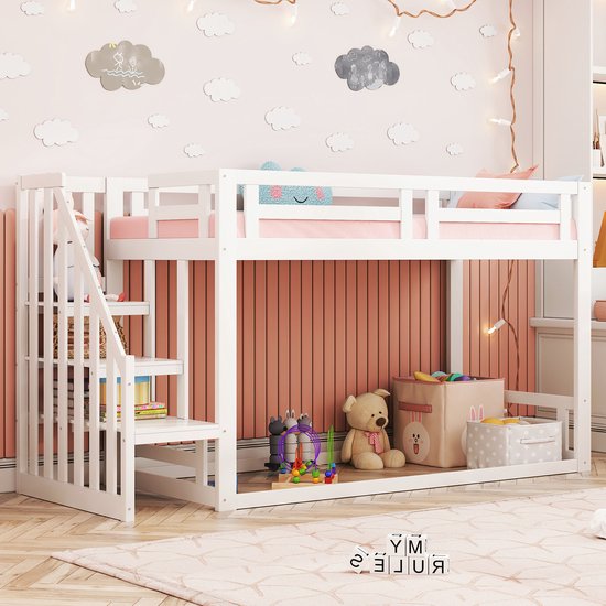 Stapelbed, kinderbed, 90 x 200 cm, massief hout tweepersoonsbed, huisvorm met ramen, veiligheidshek, met opbergladen en veiligheidsladder, jongens-meisjesbed, tienerbed, wit