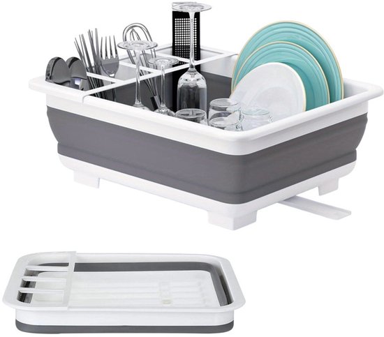 Égouttoir pliable gris et blanc rempli de vaisselle, avec une version pliée à côté.