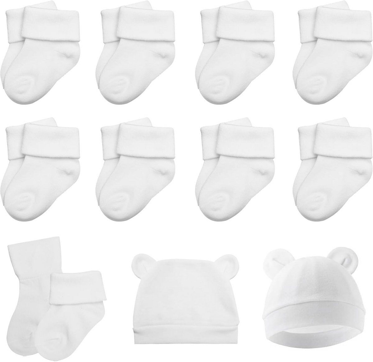 8 Paar Baby Sokjes en Mutsje Set - Maat 0-6 Maanden - Witte Sneakersokken voor Jongens en Meisjes