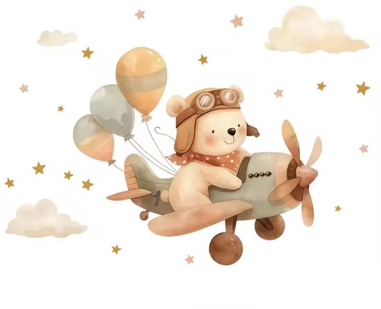 Sticker mural avec un ours en peluche dans un avion vert, avec des ballons et des étoiles sur fond blanc.