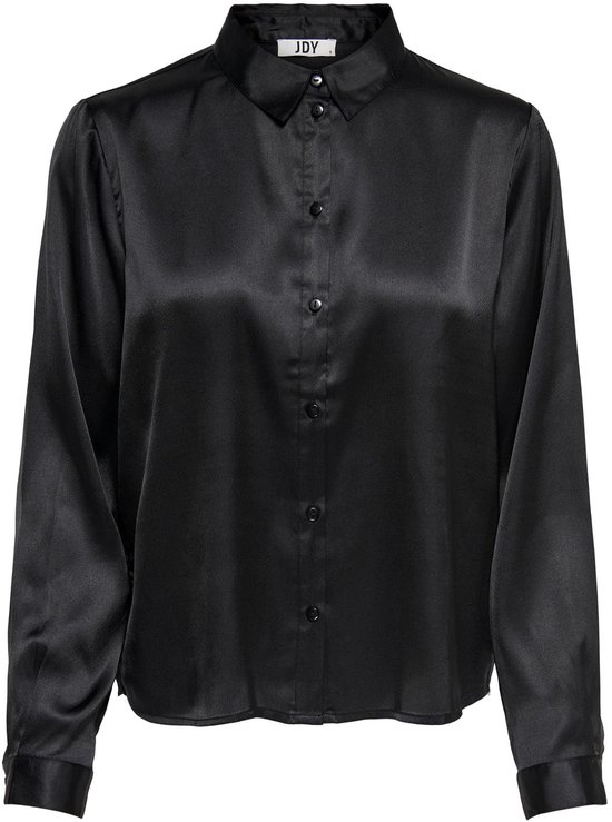Zwarte satijnen blouse met lange mouwen en knoopjes.
