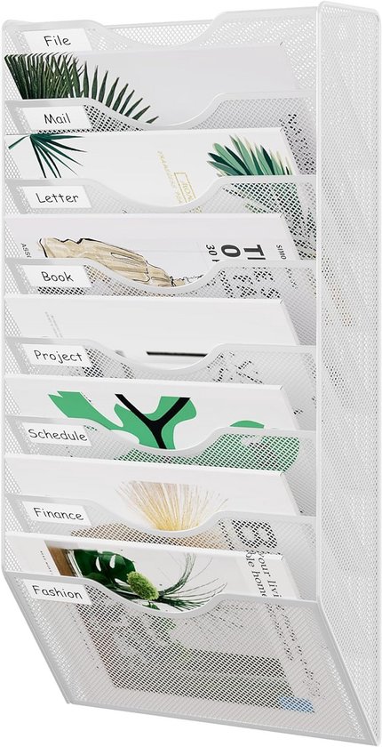 Wit metalen wandrek met 8 vakken, labels: File, Mail, Letter, Book, Project, Schedule, Finance, Fashion.