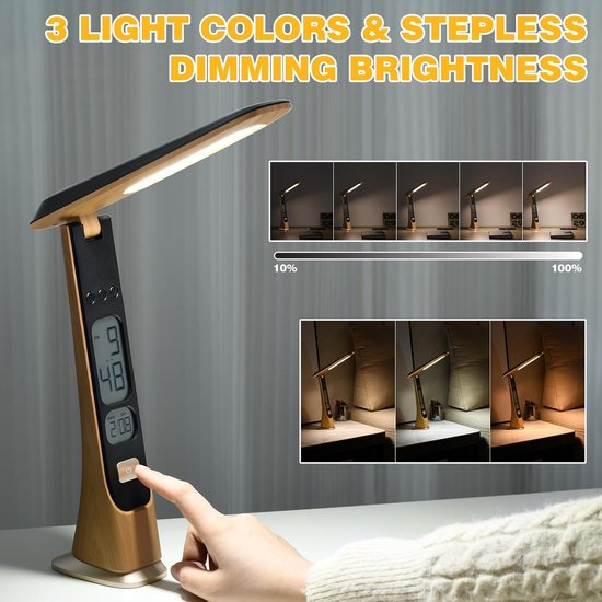 Oplaadbare bureaulamp, driekleurige, traploos dimbare bureaulamp, 1800 mAh bedlamp met tijdsweergave, aanraakbediening, opvouwbaar en draagbaar voor kantoor, lezen en studeren (geen adapter nodig). van Afzonderlijk — afbeelding 3