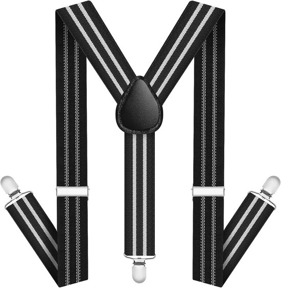 JEMYGINS Herenbretels, breed, 3,8 cm, met 4 sterke metalen clips, lang, eenheidsmaat, instelbaar en elastisch, X-stijl voor mannen en vrouwen, zwart/bruin leer, M