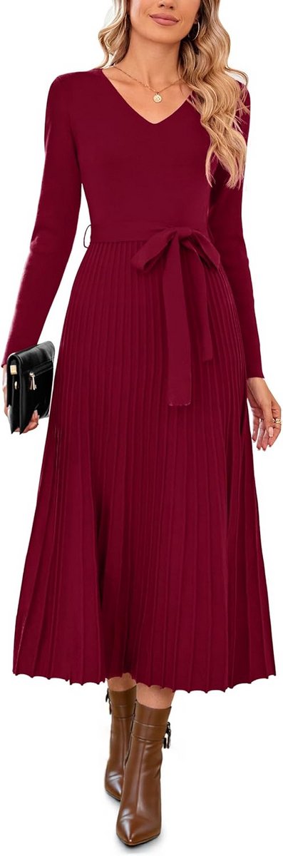Gebreide Midi Jurk Lange Mouwen V-hals Geplooid Elegante Winterjurk