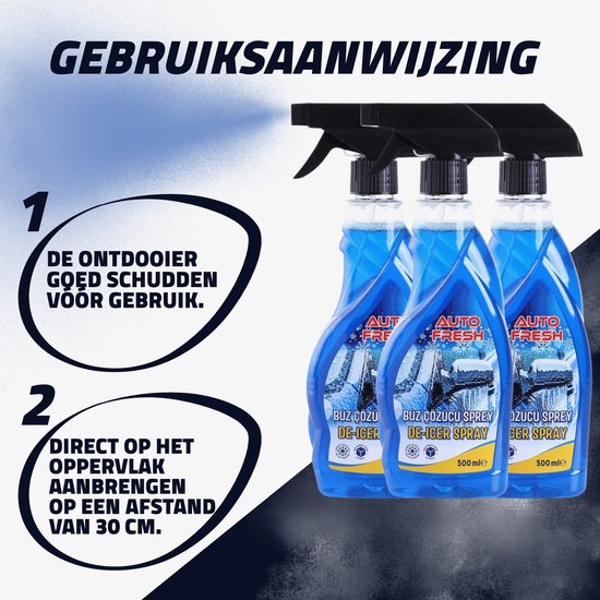 Gebruiksaanwijzing AutoFresh de-icer spray: schudden en direct aanbrengen.