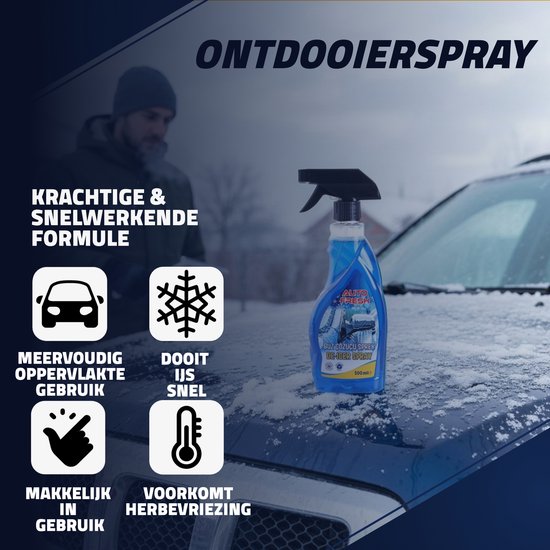 Man gebruikt AutoFresh de-icer spray op een besneeuwde auto. Krachtige formule.