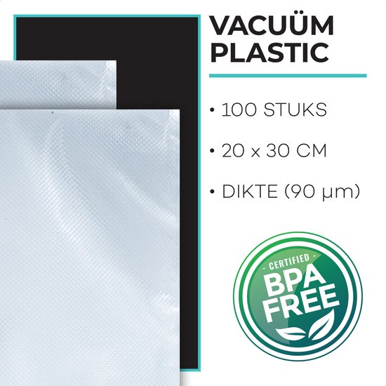 Deux sacs sous vide transparents empilés de 20x30 cm, avec certification sans BPA.