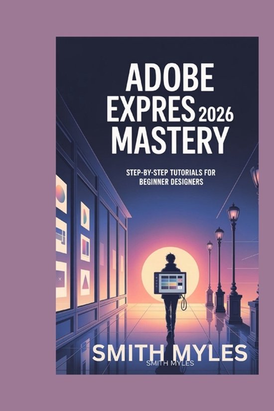Boek 'Adobe Expres 2026 Mastery' met op de kaft een figuur die een scherm draagt bij zonsondergang, in een stad.