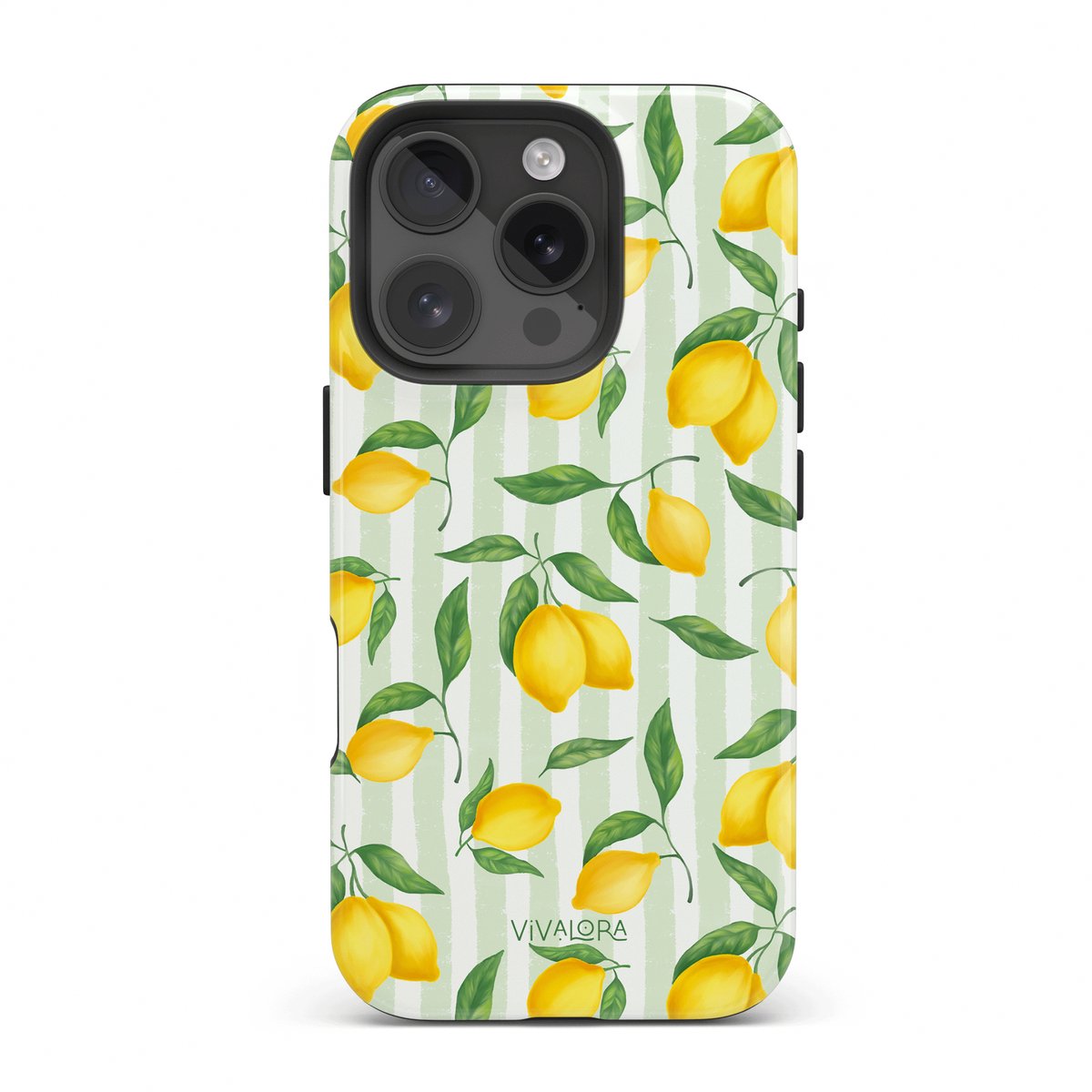 VivaLora Tough Telefoonhoesje iPhone 16 Pro met MagSafe - Citrus Stripes Print - 2-in-1 Phone Case - Hard Case & Siliconen Back - Citroenen Dessin - Extra Bescherming - Shockproof - Geel/Groen