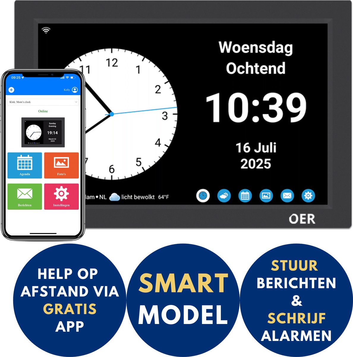 OER Smart Dementieklok – Digitale & analoge weergave – Beheer agenda via GRATIS App – Spreekt tijd & dagdeel uit – Schrijf op maat gemaakte alarmen – Stuur berichten en foto´s