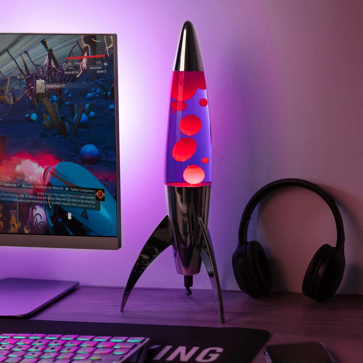 Fisura Raket Lavalamp met Rode & Paarse Lava - Chrome + Reservelamp