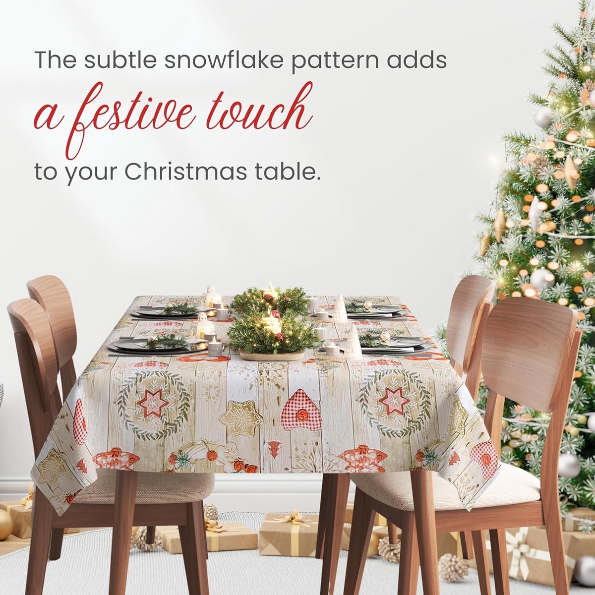 Kerst tafelkleed afveegbaar 140x300 cm crème met rode kerstmotieven
