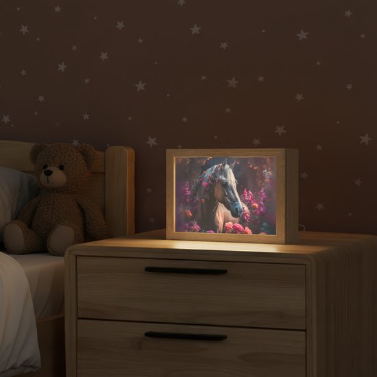 Nachtlampje 20x15 cm - Kinder lamp - Paard - Bloemen - Paars - Oranje - Dieren - Tafellamp kinderkamer - Slaapkamer lamp - Bedlamp kinderen - Kinderlampje stopcontact - Wandlamp babykamer - Nachtlampjes van Merkloos — afbeelding 2