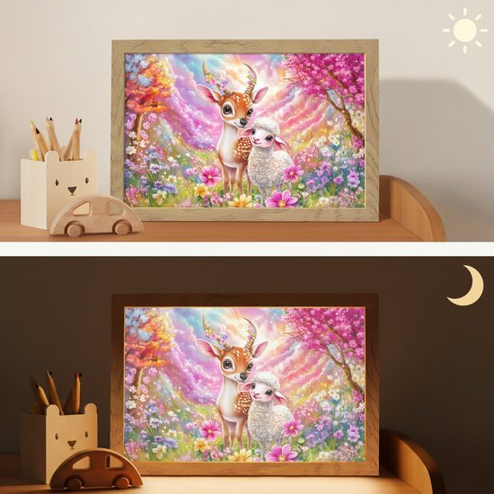 Nachtlampje 30x20 cm - Kinder lamp - Hertje - Lammetje - Bloemen - Pastel - Tafellamp kinderkamer - Slaapkamer lamp - Bedlamp kinderen - Kinderlampje stopcontact - Wandlamp babykamer - Nachtlampjes van Merkloos — afbeelding 4